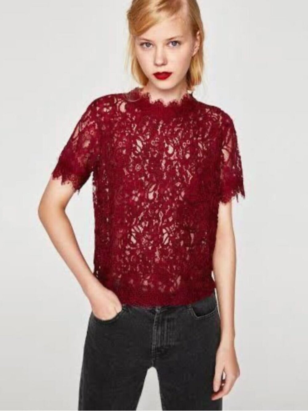 Zara Burgundy Red Textured Lace Fitted Cropped Mockneck Tee